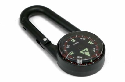 Black compass carabiner with directional markings