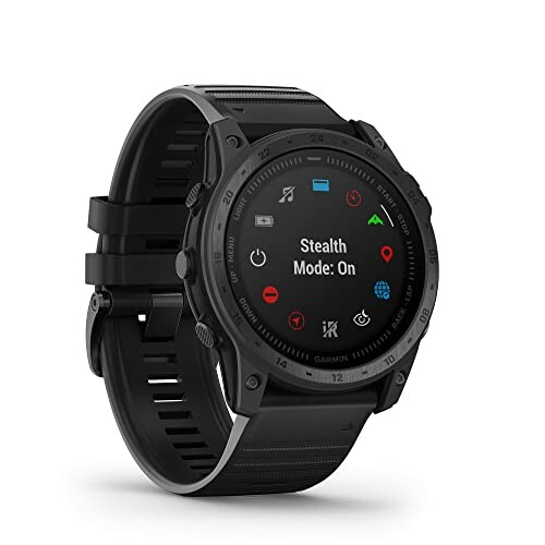 Black smartwatch displaying stealth mode on screen.