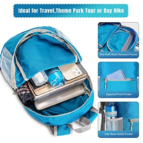 Blue backpack with open compartments showing pockets and travel items.