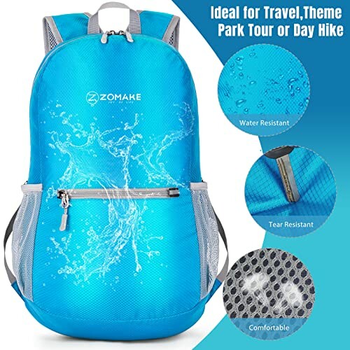 Blue Zomake backpack with water and tear resistance features.