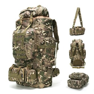 Camouflage military backpack set with detachable pouches.