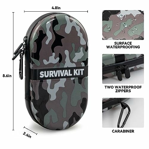 Camouflage survival kit case with waterproof features and carabiner.