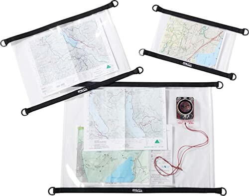 Clear map cases with maps and compass inside.