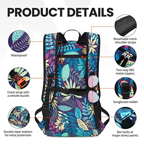 Backpack with floral design and features labeled like waterproof, chest strap, and zippers.