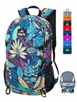 Colorful leaf pattern backpack with multiple compartments and packable design.