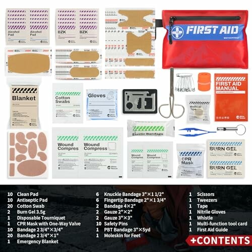 Contents of a compact first aid kit displayed with a red pouch.