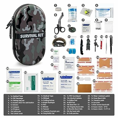 Survival kit with camouflage case and various medical supplies.