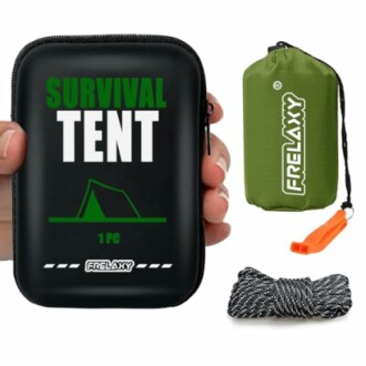 Compact survival tent kit with case, rope, whistle, and bag.