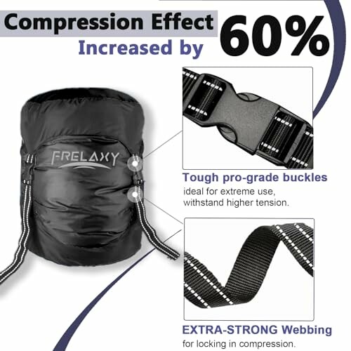 Compression sack with 60% increased effect, featuring tough buckles and strong webbing.