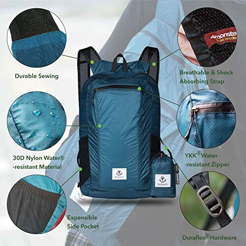 Features of a durable, water-resistant backpack with multiple compartments.