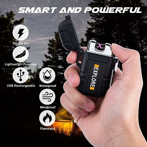 Person holding a black electric lighter with purple arc, forest background, text 'Smart and Powerful'.