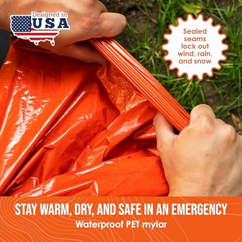 Emergency blanket with sealed seams, designed in USA.