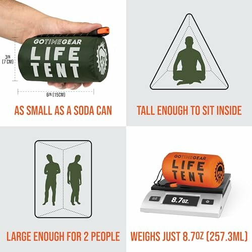 Compact emergency life tent with features: small size, roomy interior, lightweight.