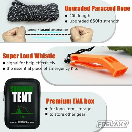 Emergency survival kit items including paracord rope, loud whistle, and EVA box.