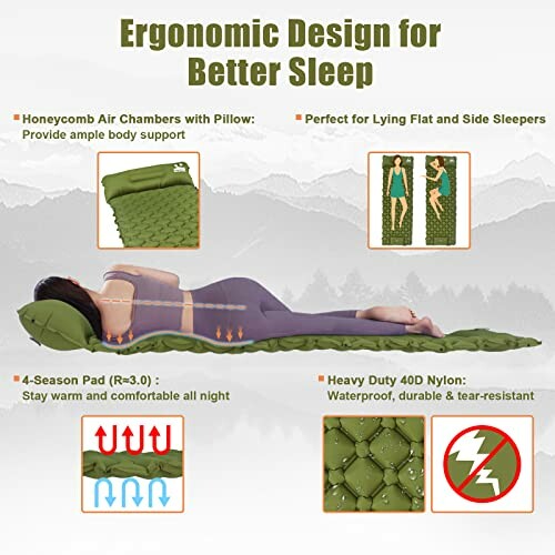 Illustration of ergonomic sleeping pad with features for better sleep.