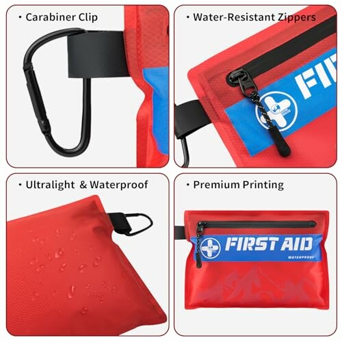 First aid kit with carabiner clip, water-resistant zippers, and waterproof material.