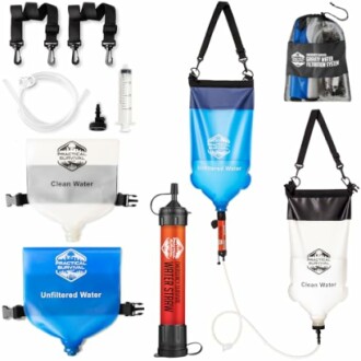 Gravity water filtration system with bags, hoses, syringe, and filter.
