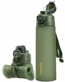 Green foldable water bottle with straw and carrying strap.