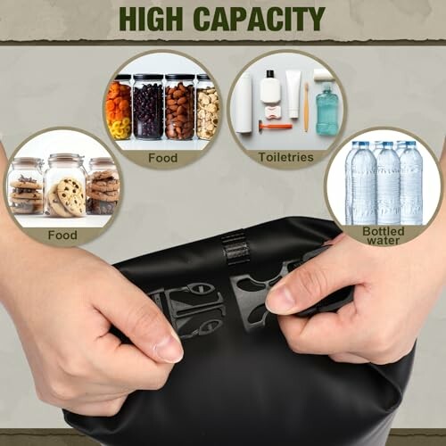 Hands holding a black storage bag with images of food, toiletries, and bottled water.