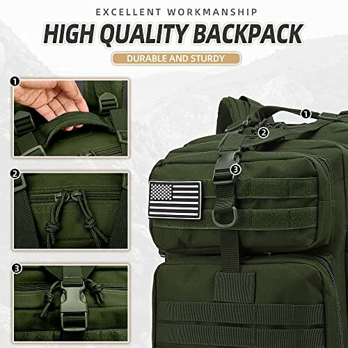 Durable green backpack with close-up details of handle, zippers, and buckle.