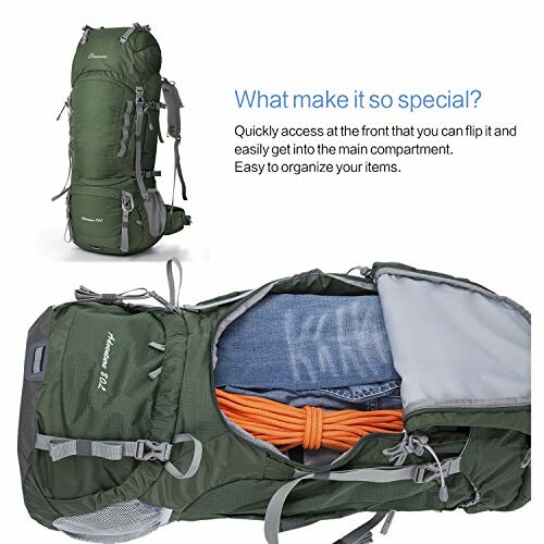 Green hiking backpack with open compartment showing clothes and rope.