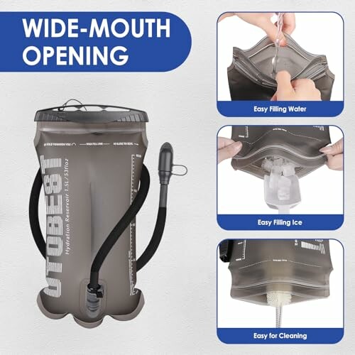 Hydration bladder with wide-mouth opening for easy filling and cleaning.