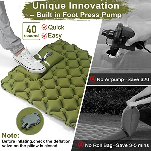 Inflatable camping mat with built-in foot pump, showing quick and easy setup, and savings on air pump and roll bag.