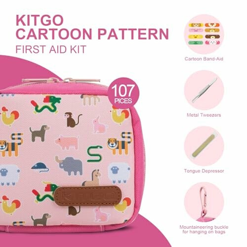 Pink first aid kit with cartoon animal design and 107 pieces.