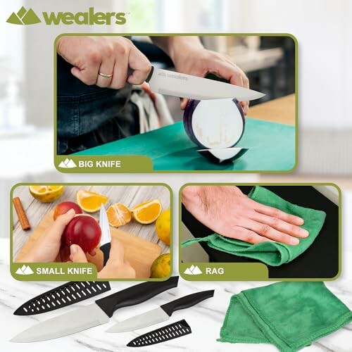 Various knives and a rag, featuring hands cutting an onion and an apple.