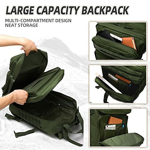 Green large capacity backpack with multi-compartment design, open showing storage options.