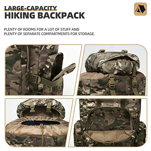 Camouflage hiking backpack with multiple compartments and storage options.