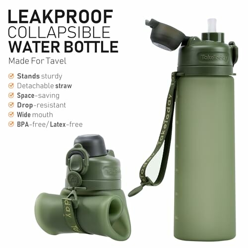 Green collapsible water bottle with features listed.