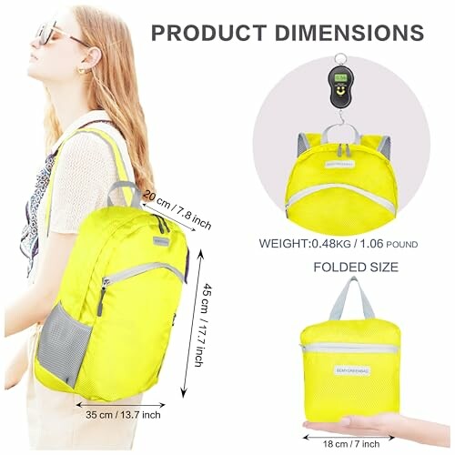 Yellow backpack dimensions and weight details with a person wearing it.