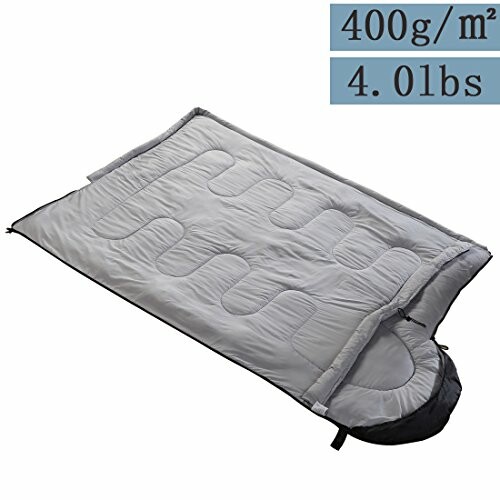 Gray sleeping bag with weight label 400g/m² and 4.0lbs.