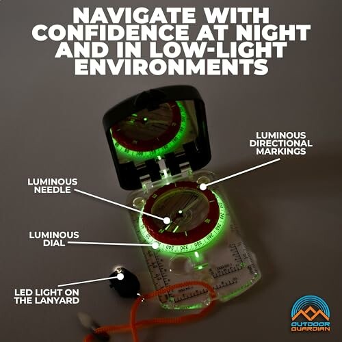 Compass with luminous features for night navigation.