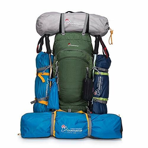 Mountaintop backpack packed with camping gear.