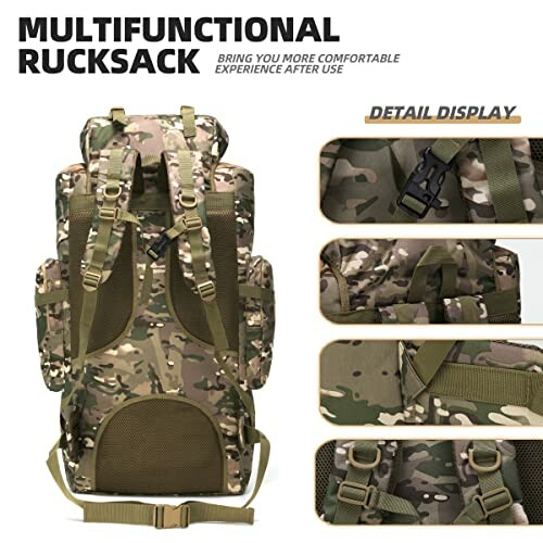 Multifunctional camouflage rucksack with various detail displays.