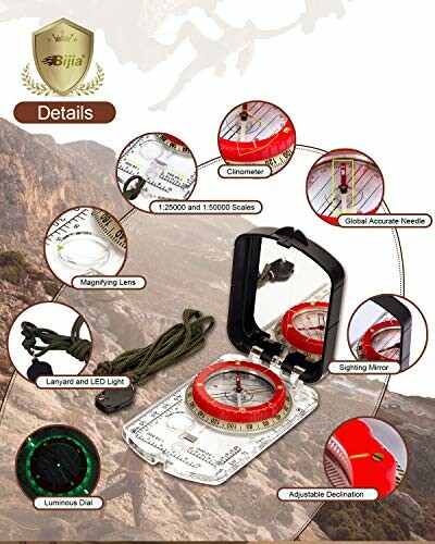 Multifunctional compass with mirror, clinometer, magnifying lens, and adjustable declination.