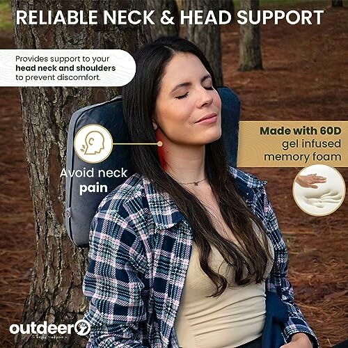 Woman using neck and head support pillow outdoors.