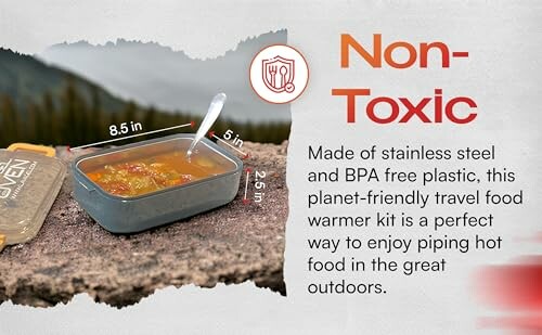 Travel food warmer with soup, labeled non-toxic, outdoors background.