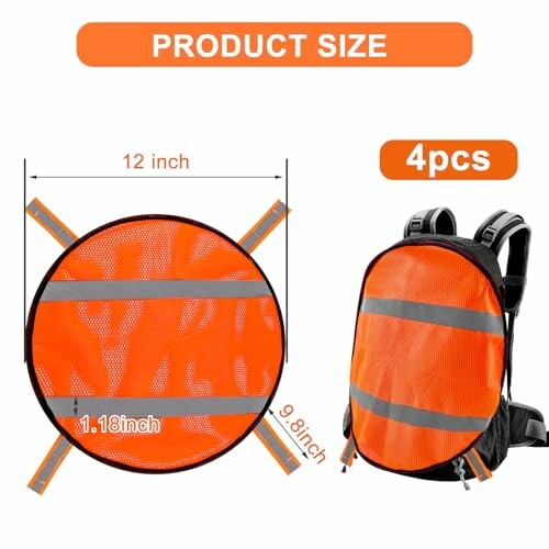 Orange backpack cover with reflective stripes and dimensions.