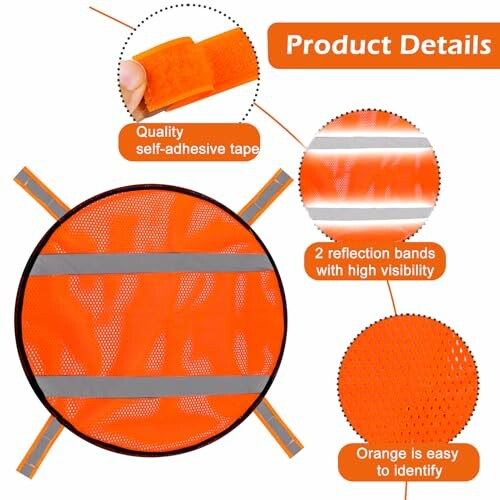 Orange reflective safety vest details showing self-adhesive tape, high visibility bands, and easy identification.