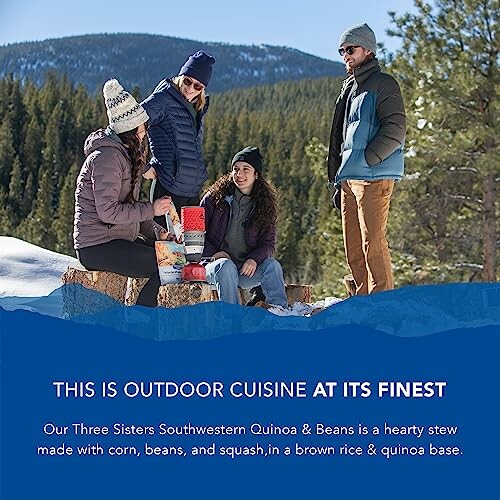 Group enjoying outdoor meal in winter clothing