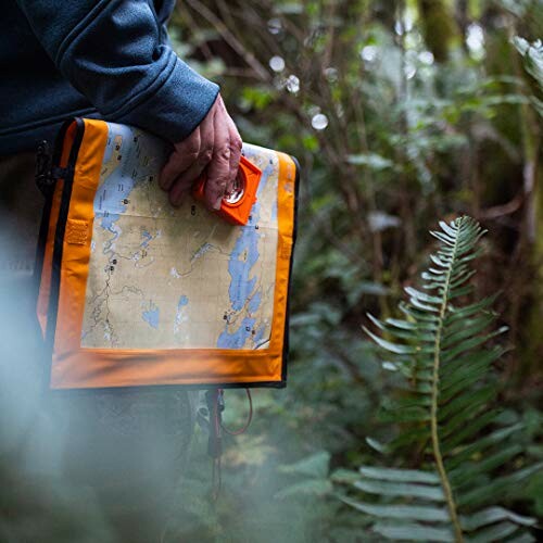 Person holding a compass and map in a forest setting.