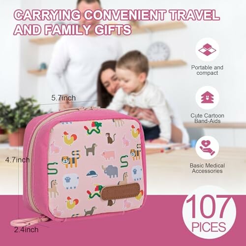 Pink travel medical kit with cartoon designs, labeled for convenience and family use, 107 pieces.