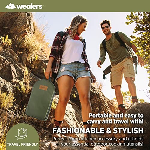 Two people hiking with a portable camp kitchen accessory from Wealers.