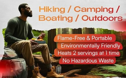 Man enjoying outdoor meal with portable heater, promoting hiking and camping.
