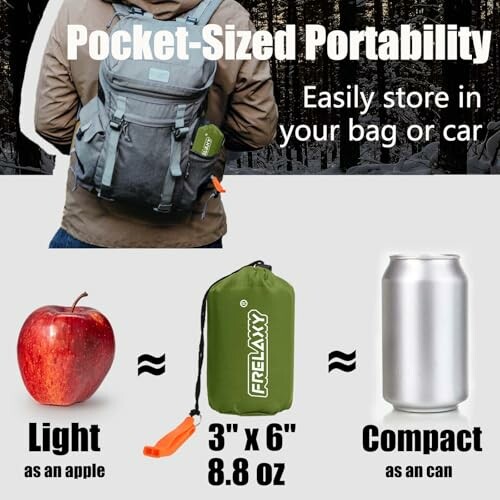 Compact sleeping bag compared to apple and soda can for size.