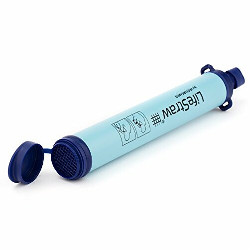 Portable water filter straw with blue caps.