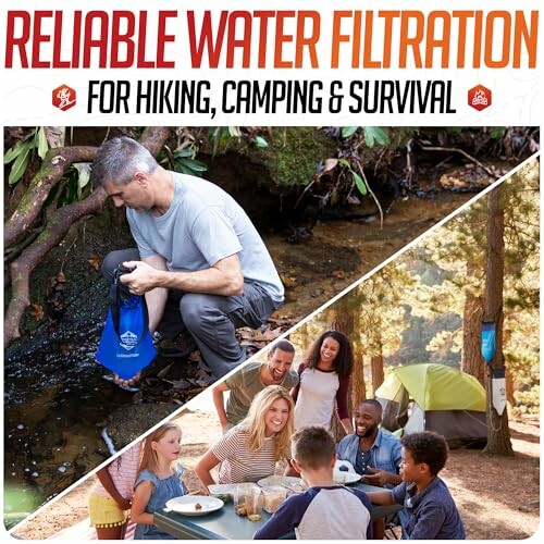 Man using water filtration by a stream, group camping with tents.